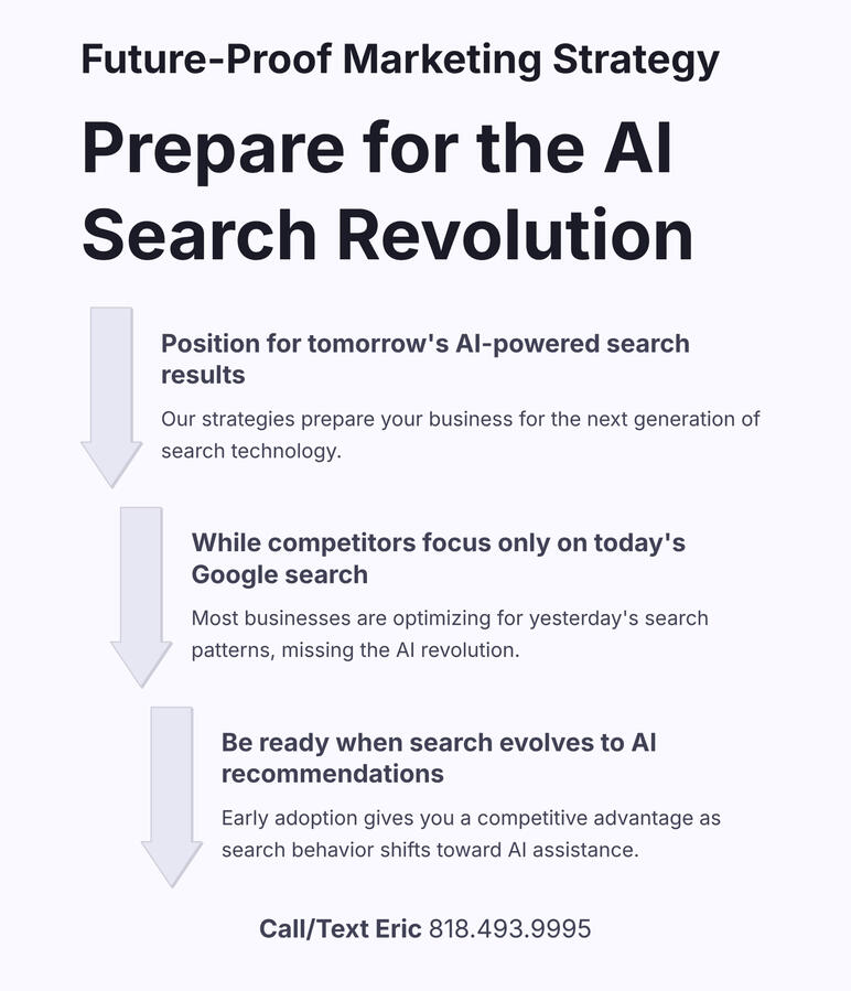 Prepare your LA business for the AI search revolution! While competitors focus only on today's Google search, we're positioning you for tomorrow's AI recommendations when search evolves to AI-powered results. We specialize in GBP optimization and AI search