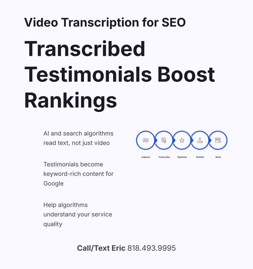 Why transcribed video testimonials boost local business rankings: AI and search algorithms read text, not just video! Our transcription turns testimonials into keyword-rich content for Google to understand your service quality. Our specialty is GBP optimiz