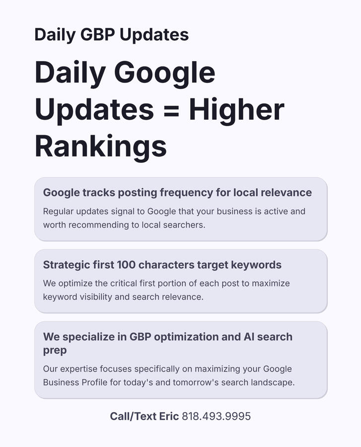 Daily GBP Updates Service 🎯 Why daily Google Business Profile updates matter for local business rankings: Google's algorithm tracks posting frequency to determine local relevance! Our strategic daily updates use the first 100 characters to target keywords