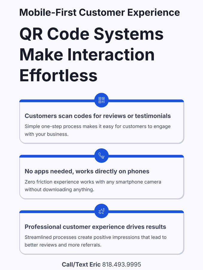 QR code systems that make customer interaction effortless! Customers scan codes to leave reviews or record testimonials directly on their phones - no apps needed for local business rankings! Simple, professional customer experience. We focus on GBP optimiz