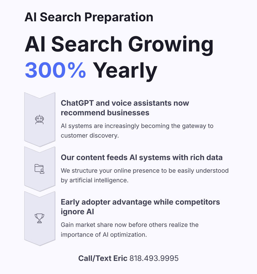 AI Search Preparation 🤖 AI search is growing 300% yearly - local business rankings need to prepare NOW! When customers ask ChatGPT "find me the best plumber in LA," AI scans our transcribed testimonials to recommend YOU first! We specialize in GBP