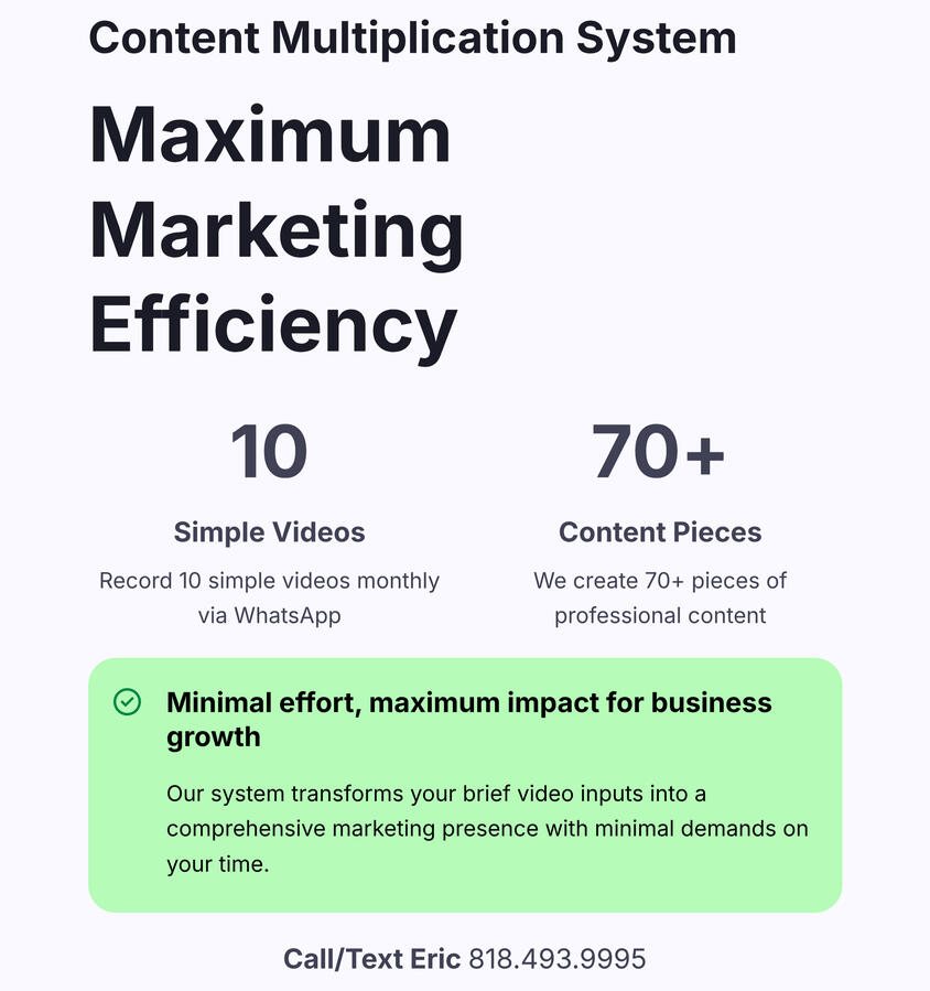 Maximize marketing efficiency for local business rankings! Record 10 simple videos monthly, we create 70+ pieces of professional content across all platforms - minimal effort, maximum impact for your business growth. Our focus is GBP optimization and prepa
