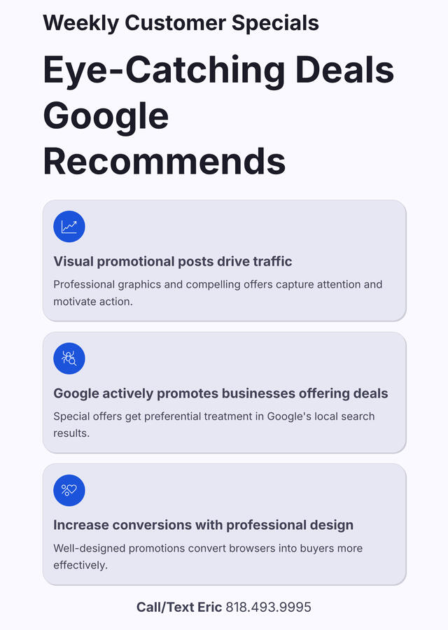 Weekly Customer Specials 🎁 Eye-catching customer specials that Google's algorithm recommends! Our visual promotional posts drive traffic and increase conversions for local business rankings. Google actively promotes businesses offering deals to customers.