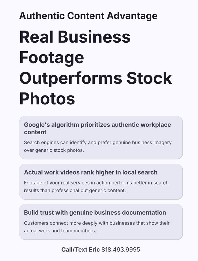 Why authentic business footage outperforms stock photos: Google's algorithm prioritizes real workplace content! Local business rankings using actual work videos rank higher in local search results than generic images. We're experts in GBP optimization and