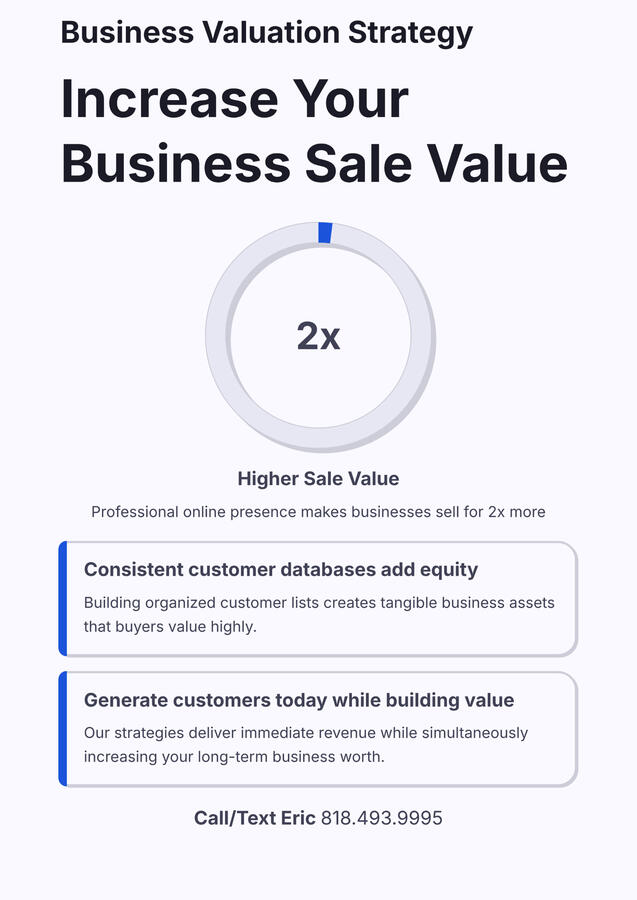 Increase your LA business sale value with our marketing system! Consistent customer databases and professional online presence make businesses sell for 2x more while generating customers today. Our focus: GBP optimization and getting businesses ready for A